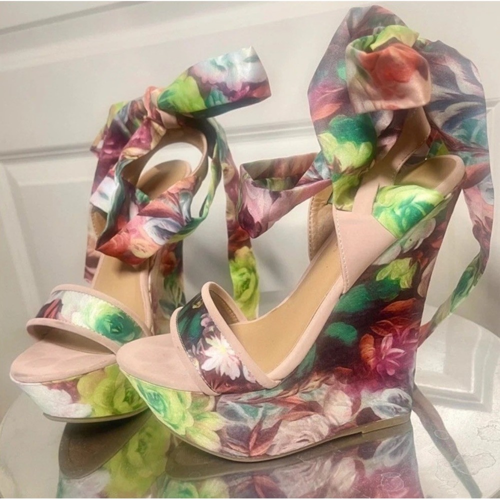 Bamboo Skyline Satin Floral Platform Wedge Sandals Ankle Tie Pink and Green